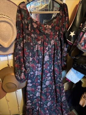 Long Floral Maxi Dress in Black with Red & Pink Blooms
